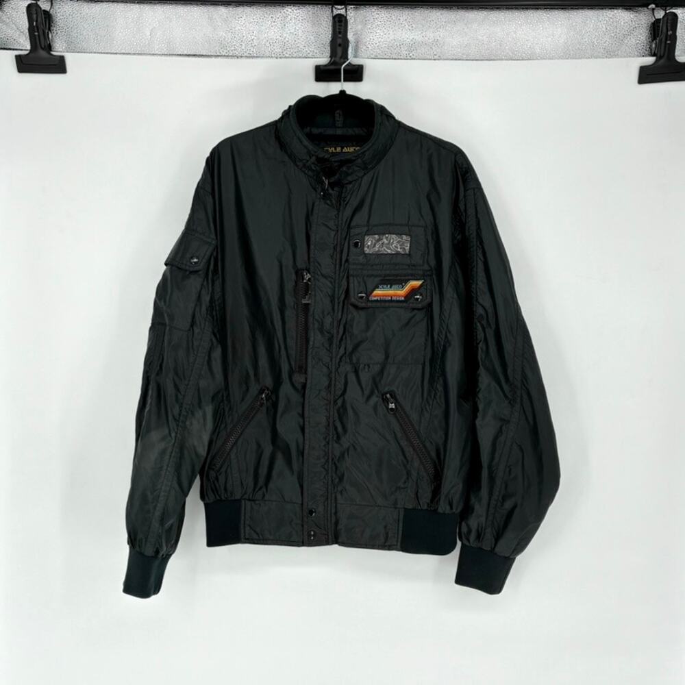 Vintage Men's Style Auto Black Nylon Bomber Jacket - Size L
